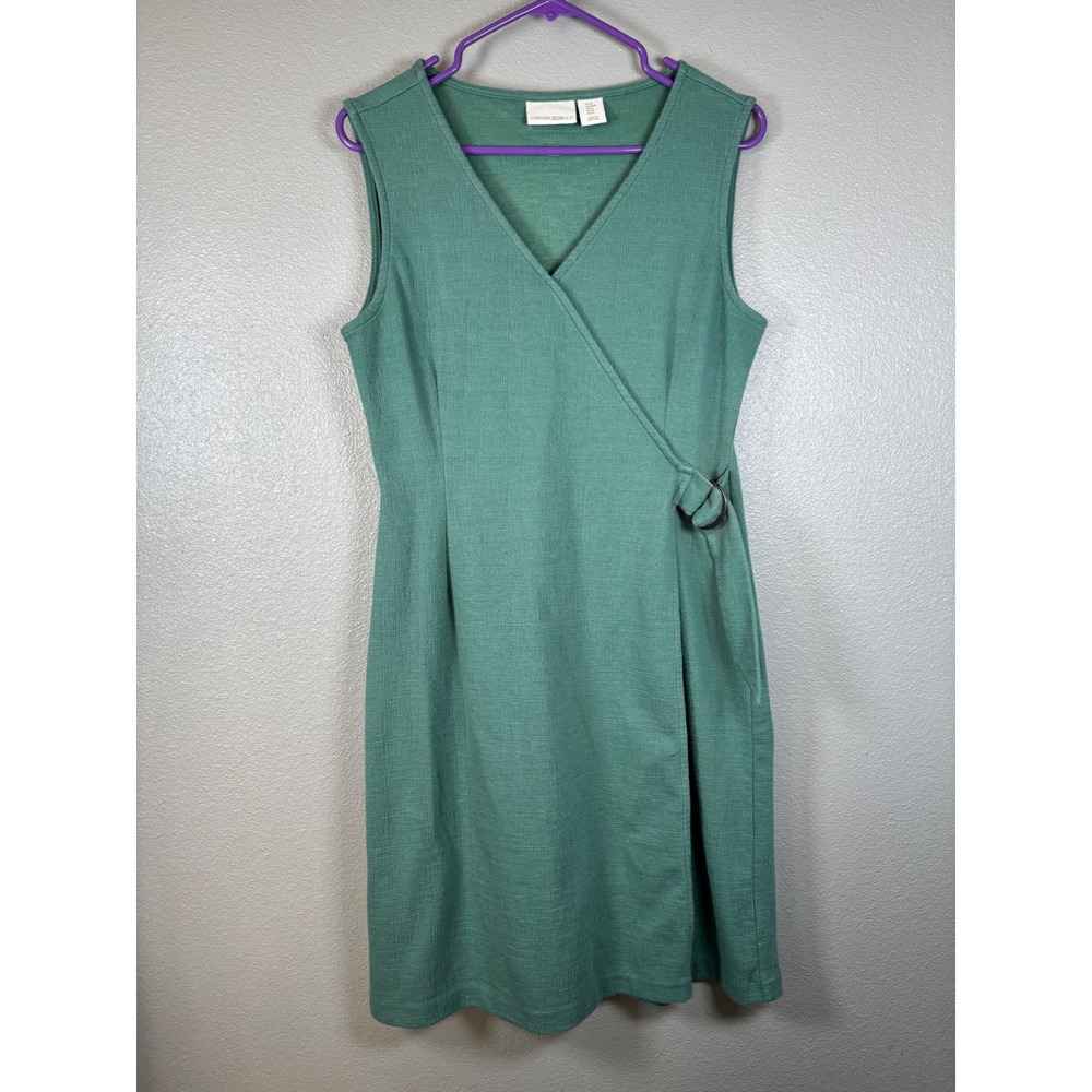 Cynthia Rowley Green Faux Wrap Midi Dress Belted V Neck Sleeveless Womens ‎ M